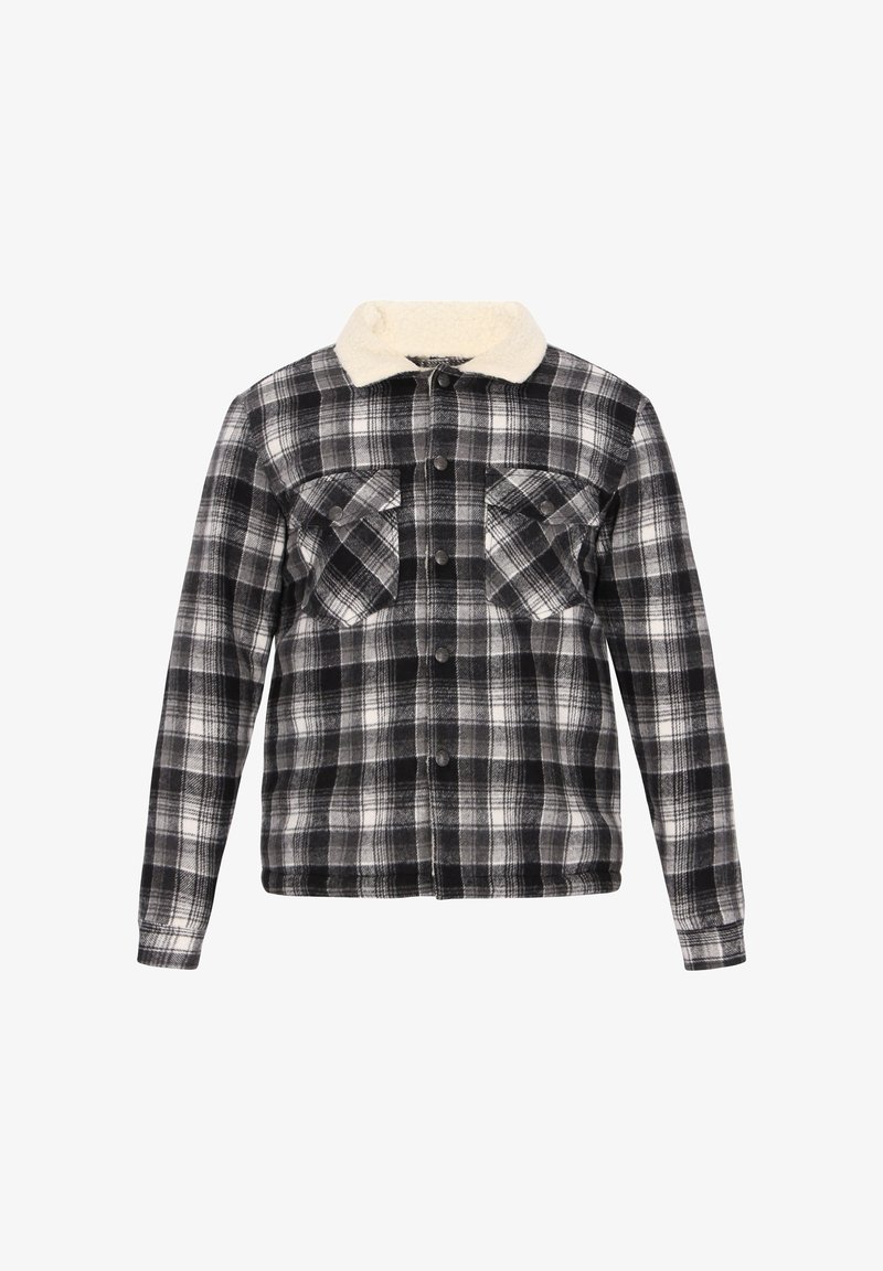 Zwart-wit geruite overhemdjas met een fluffy crèmekleurige kraag, voorzien van twee borstzakken en een knoopsluiting, gemaakt van een zachte stof.