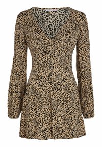 Šaty s leopardím potiskem v béžové a černé barvě, mají dlouhé rukávy, výstřih do V a knoflíkovou výzdobu na přední straně. Měkká tkanina s volným střihem.