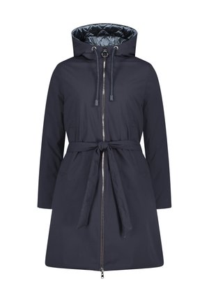 Navy blue waterproof coat with a padded hood, zip closure, and drawstring. Features a tie belt and two front pockets with triangular accents.