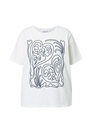 Witte katoen t-shirt met een grafisch ontwerp van verstrengelde harten en bloemmotieven in marineblauw. Korte mouwen en een relaxte pasvorm.