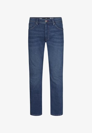 Mørkeblå denimjeans med lige snit, synlige sømme, fem-lomme-design og en metalknaplukning i taljen.