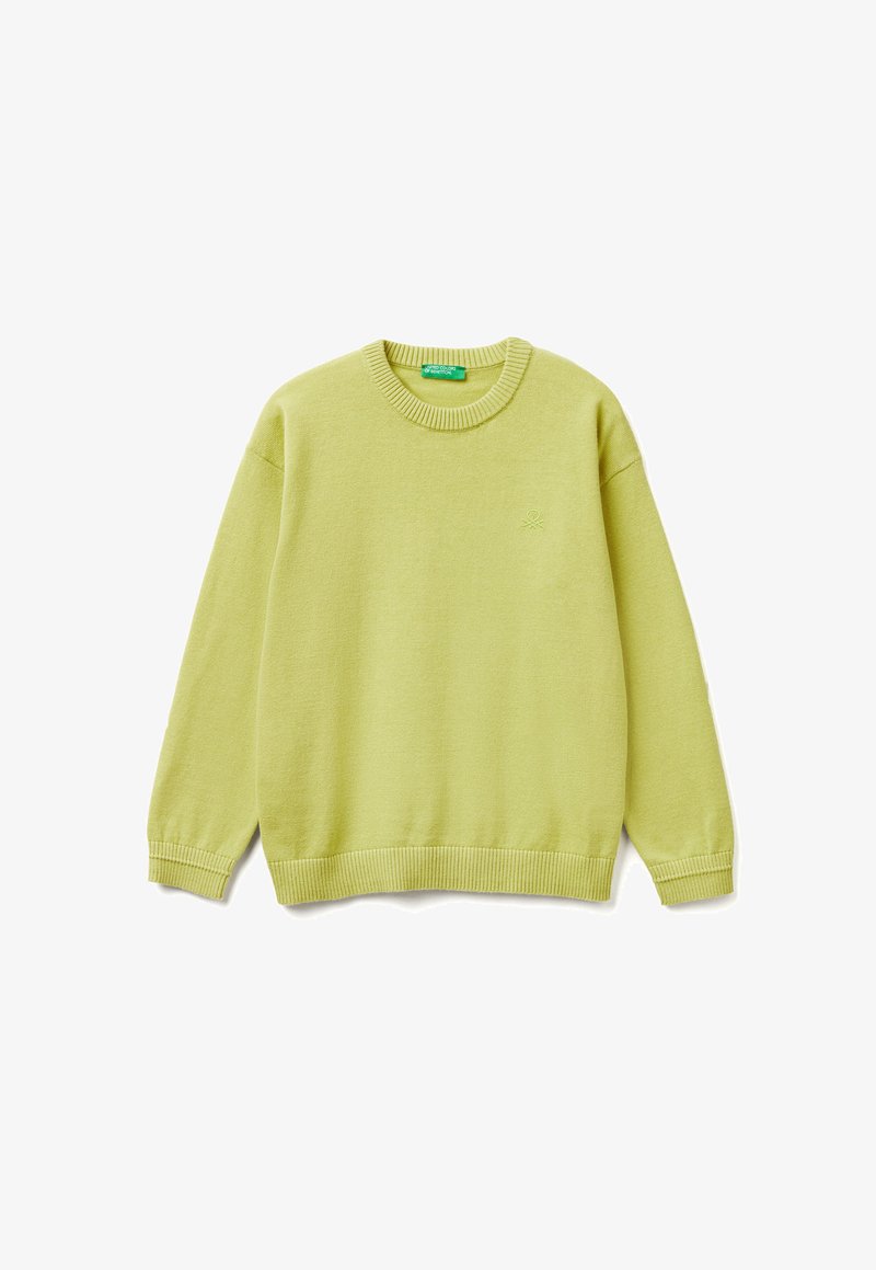 Maglione verde chiaro realizzato in tessuto morbido, con girocollo e polsini a coste, e un sottile logo ricamato sul davanti.