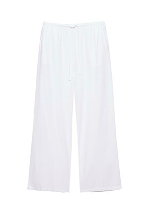 Hvide bukser med vide ben, elastisk taljebånd og snøre, lavet af let stof.