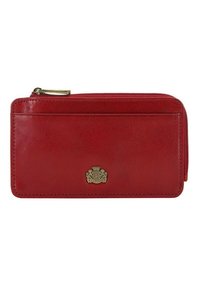 Portafoglio in pelle rossa con chiusura a zip, dettaglio logo in hardware dorato, tasca frontale e bordi cuciti. Texture liscia e forma rettangolare.