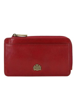 Red leather wallet with a zip closure, gold hardware logo detail, front pocket, and stitched edges. Smooth texture and rectangular shape.