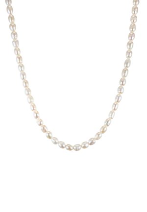 Cultured pearl necklace featuring evenly spaced, oval-shaped pearls in a soft white and pink hue, with a smooth, lustrous surface.