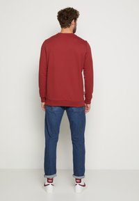 Roter Pullover mit langen Ärmeln und rundem Halsauschnitt, kombiniert mit blauen Jeans und weißen Sneakers mit roten Akzenten. Sauberes, minimalistisches Design.
