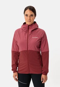 Maroon, fitted jacket with a hood and full zipper. Features two side pockets, contrasting lighter upper section, and logo on chest.