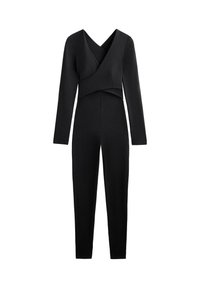 Svart långärmad figurnära jumpsuit med V-ringad korsettdel och smalnande byxor på vit bakgrund.