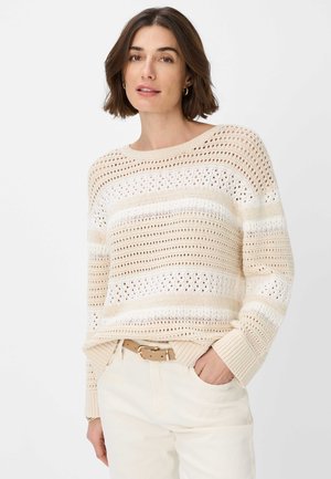Hellbeige Strickpullover mit Lochmuster, versehen mit horizontalen Streifen in verschiedenen Cremetönen. Lange Ärmel und gerippte Bündchen.
