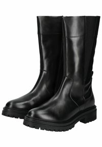 Bottes noires en cuir, haute jusqu'au genou, avec une finition lisse, dotées d'une semelle texturée robuste et de panneaux élastiques sur les côtés pour un enfilage facile.