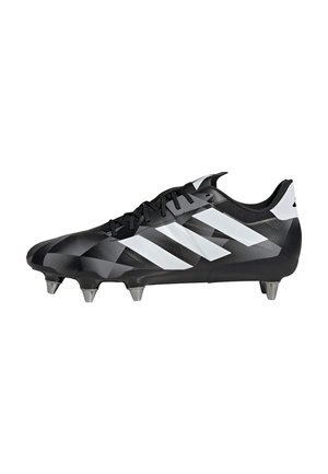 Black and grey soccer cleat with three white stripes, a patterned upper, black laces, and six silver studs on a black outsole.