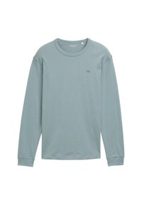 Langärmliges Shirt aus weichem, hellblauem Stoff. Mit Rundhalsausschnitt, gerippten Bündchen und kleinem Logo auf der Brust. Glatte Textur.
