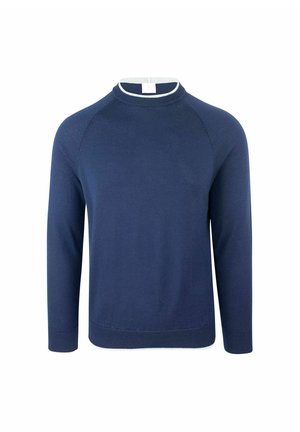 Maglione lavorato a maglia blu navy con maniche lunghe a raglan, scollatura tonda e bordatura bianca a contrasto lungo il collo. Texture liscia in tutto il capo.