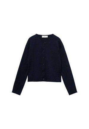 Tummansininen neulecardigan. Rypistyksellä varustettu helma ja hihansuut, pyöreä kaula-aukko, etupuolella napit, ja pehmeä, teksturoitu kangas. Lyhyt malli.