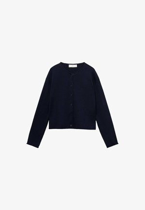 Marineblaue Strickjacke. Gerippter Saum und Bündchen, runder Ausschnitt, Vorderknopfverschluss und ein weicher, strukturierter Stoff. Kurze Länge.