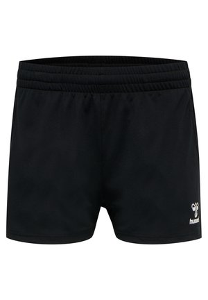 Sorte atletiske shorts med elastisk talje, lavet af glat stof, med et lille hvidt logo på nederste højre ben.