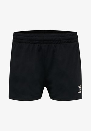 Schwarze Sportshorts mit einem elastischen Bund, aus glattem Stoff gefertigt, mit einem kleinen weißen Logo am unteren rechten Bein.