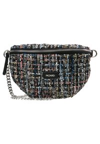 Borsa a tracolla in tweed nera, blu, rosa e dorata con tracolla in catena argentata e chiusura a zip. Presenta un motivo tessuto testurizzato. Logo visibile.