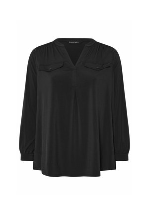 Blouse noire à manches longues avec un col en V, deux poches poitrine, un détail plissé sur le devant et des poignets élastiques. Tissu lisse avec une coupe décontractée.