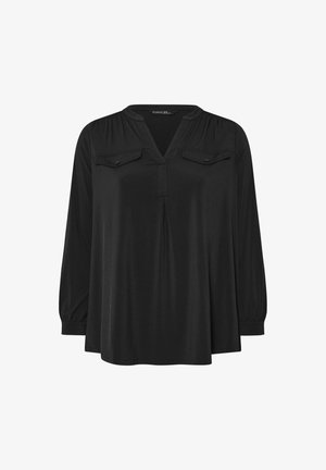 Sort langærmet bluse med V-hals, to brystlommer, plisseret frontdetalje og elastiske manchetter. Glat stof med en afslappet pasform.