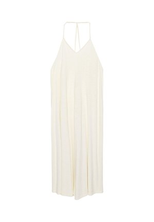 Longue robe sans manches couleur blanc cassé avec fines bretelles et coupe ample et fluide.