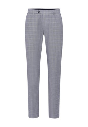 Hellgraue Hose mit kariertem Muster, aus gewebtem Stoff, mit Knopfverschluss und schmalem Schnitt.