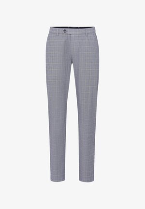 Hellgraue Hose mit kariertem Muster, aus gewebtem Stoff, mit Knopfverschluss und schmalem Schnitt.