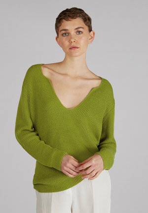 Maglione verde a maglia con scollatura a V profonda, maniche lunghe e vestibilità comoda. Il tessuto testurizzato accentua il colore vivace e il design informale.