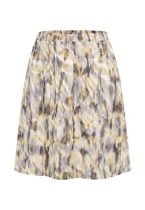 Jupe évasée avec une taille élastique, présentant un tissu translucide dans un motif abstrait jaune, gris et blanc.