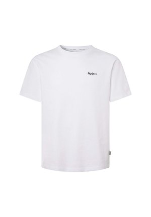 Weißes Baumwoll-T-Shirt mit kurzen Ärmeln, Rundhalsausschnitt und schwarzem, gesticktem Logo auf der Brust. Gerader Saum, ohne Muster oder Akzente.