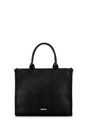 Black handbag made of textured material featuring a diamond pattern. It has two stitched handles and a small brand accent on the front.