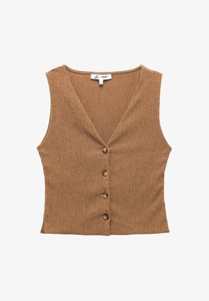 Ruskea, uurrettu, hihaton paita V-pääntiellä, viisi nappiyksityiskohtaa edessä ja tiukka muoto.