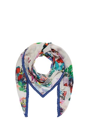 Lekki szal z tkaniny z kolorowymi nadrukami motyli i owadów, obszyty niebieskim przeszytym brzegiem, ułożony w kształt trójkąta.