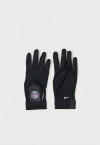 Fekete sportkesztyűk Párizs logóval, a tenyér részen texturált fogással és Nike márkajelzéssel. Az anyaga sima, és szoros illeszkedést biztosít.