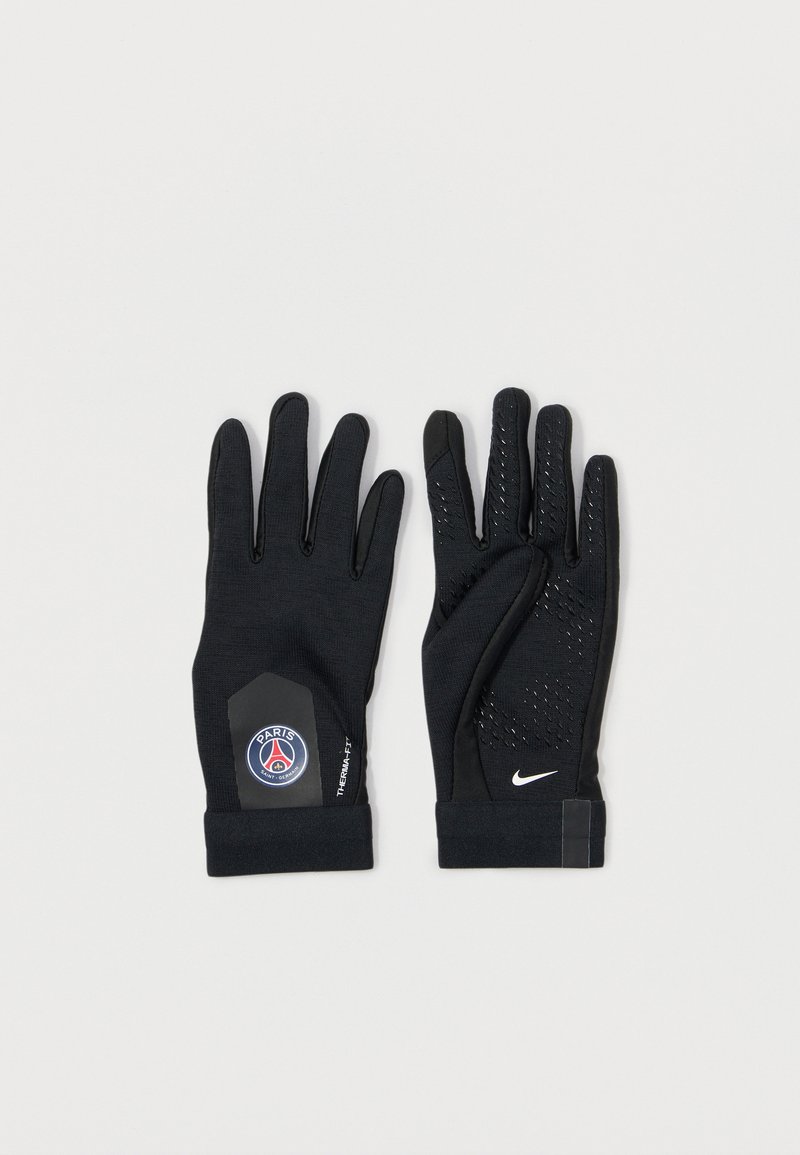 Fekete sportkesztyűk Párizs logóval, a tenyér részen texturált fogással és Nike márkajelzéssel. Az anyaga sima, és szoros illeszkedést biztosít.