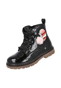 Botas de tobillo de charol negro con acabado brillante, que presentan acentos de estrellas, un pom-pom de colores y un diseño a rayas. Suela de goma.