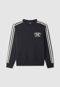 Felpa blu navy con strisce bianche sulle maniche, polsini e orlo a costine. Presenta la stampa "New Jersey East Coast" in alto a sinistra.