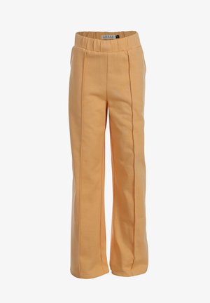 Rechte perzikkleurige broek met elastische tailleband en verticale naaddetails, ontworpen voor casual draagstijl.