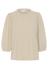 Beige puff-sleeve top made of soft fabric, featuring a round neckline and elasticized cuffs for a relaxed fit. Smooth texture, unstructured design.