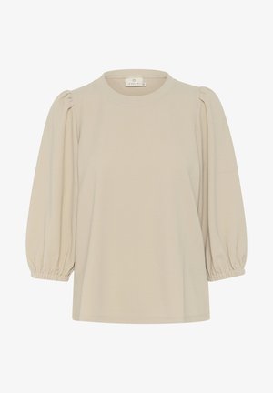 Beige top met pofmouwen, gemaakt van zachte stof, met een ronde halslijn en elastische boorden voor een relaxte pasvorm. Gladde textuur, ongestructureerd ontwerp.