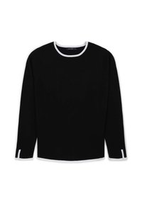 Top nero a maniche lunghe con scollatura rotonda, caratterizzato da un bordo bianco sul colletto e sui polsini, texture liscia e vestibilità comoda.
