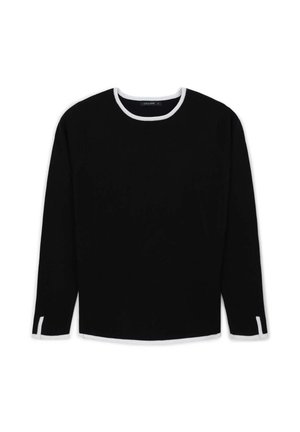 Top nero a maniche lunghe con scollatura rotonda, caratterizzato da un bordo bianco sul colletto e sui polsini, texture liscia e vestibilità comoda.