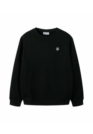 Sweat-shirt noir à manches longues avec col rond et petit logo blanc carré sur le haut gauche de la poitrine, avec poignets et ourlet côtelés.