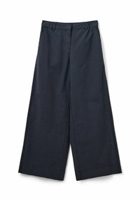 Hose mit weitem Bein in dunkelblau, aus leichtem Stoff. Merkmale sind eine flache Vorderseite, ein elastischer Bund und eine gekürzte Saumverarbeitung auf Knöchelhöhe.