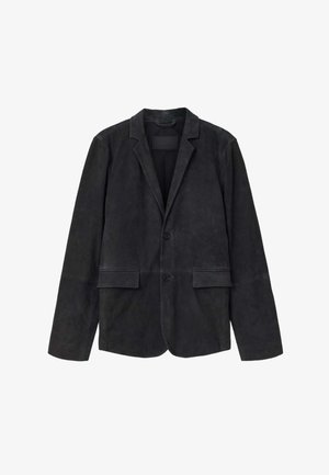 Sort læderblazer med hakket revers, to forlommer og lukning med to knapper. Glat tekstur og skræddersyet pasform.