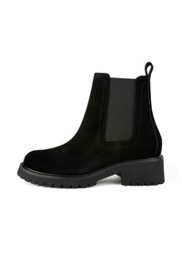 Black suede ankle boot with a chunky rubber sole, elastic side panels, and a pull tab; features a smooth texture and slightly rounded toe.