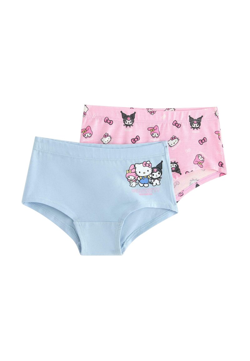 To par børne hipster-shorts: et par i ensfarvet lyseblå, og et par i pink med et gentaget Hello Kitty-karakter mønster. Blødt bomuldsstof.