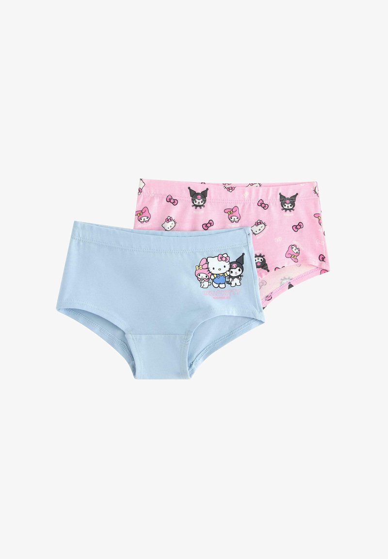 Två par barnens hipster-shorts: en i enfärgad ljusblå och en rosa med ett upprepat mönster av karaktären Hello Kitty. Mjukt bomullsmaterial.