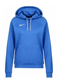 Sweat à capuche bleu en tissu doux, doté d'une poche avant, de cordons blancs et d'un petit logo Nike blanc sur la poitrine.